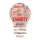 Charity word cloud concept with enovative light bulb symbol.