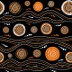 Australian aboriginal seamless vector pattern with white and orange dotted circles, rings and crooked stripes on black background